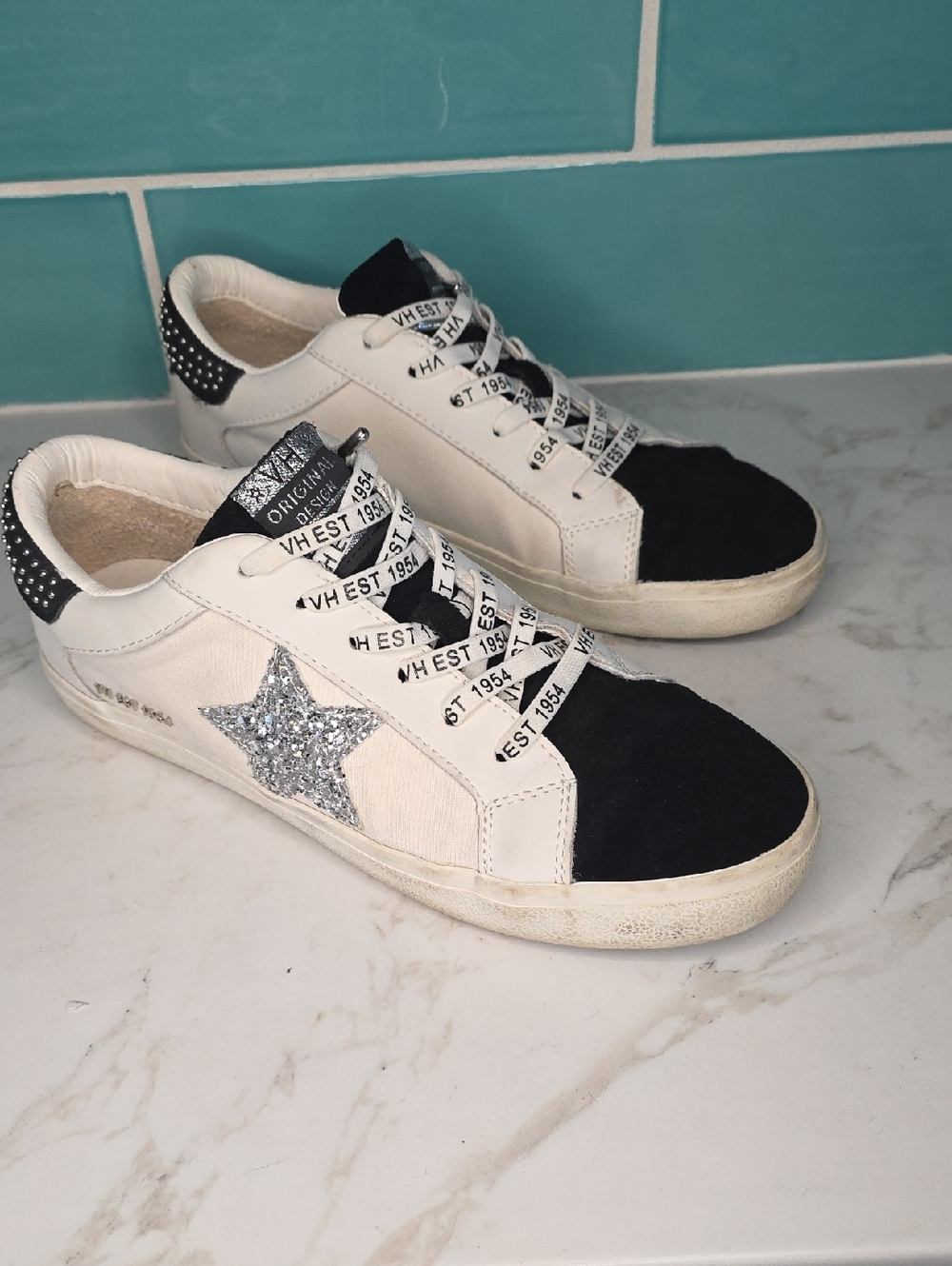 Vintage Havana White Sneakers with Black Toe and Silver Glitter Star